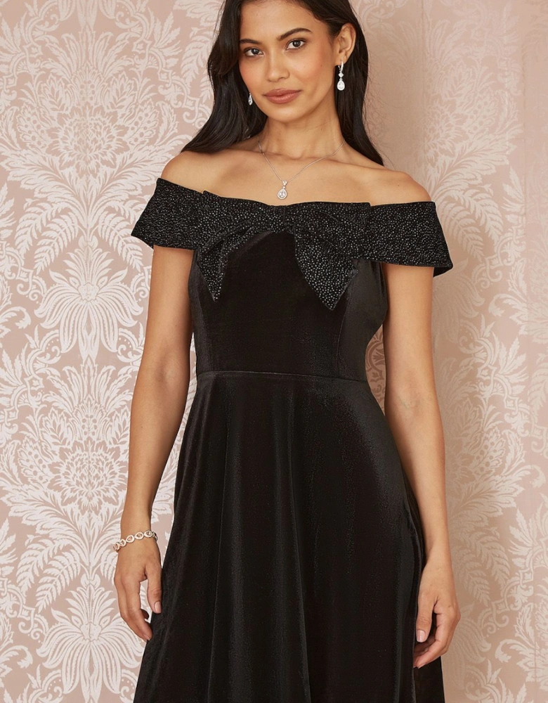 Black Velvet Skater Dress With Sparkle Bow Neckline