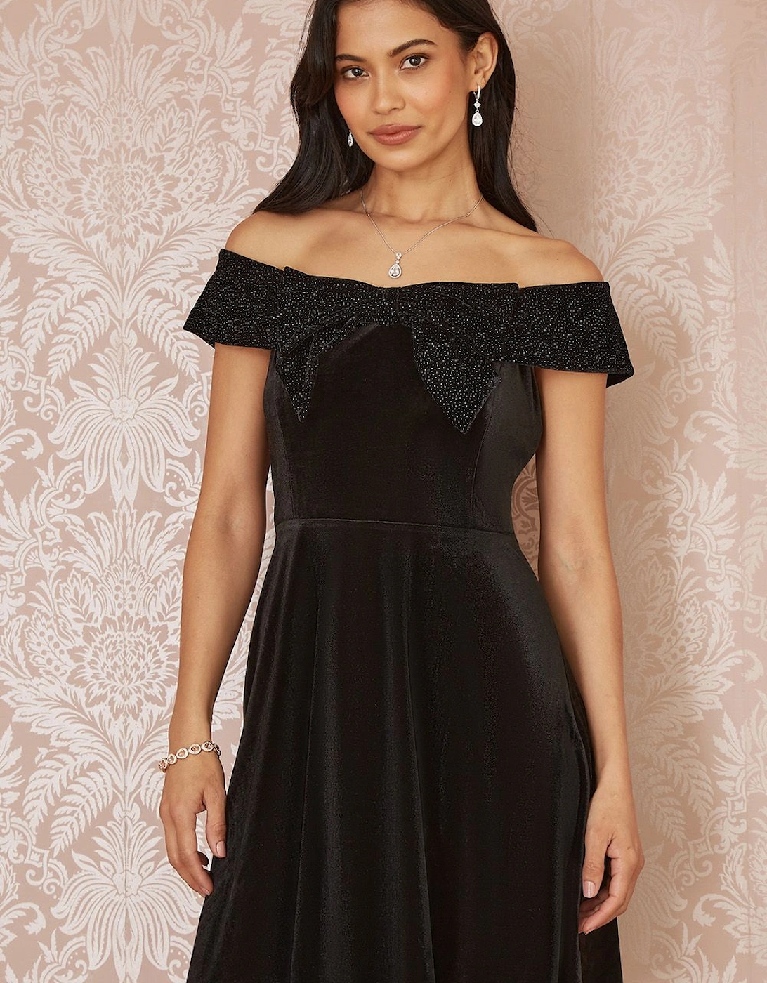 Black Velvet Skater Dress With Sparkle Bow Neckline, 2 of 1