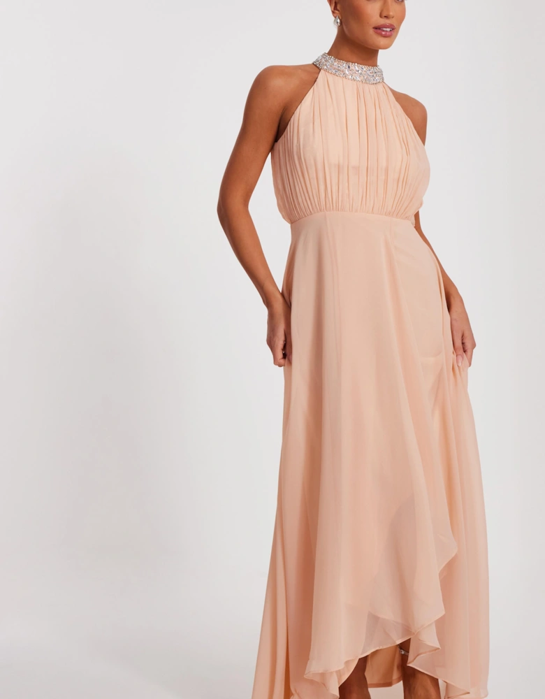 Pale Pink Chiffon High Neck Maxi Dress