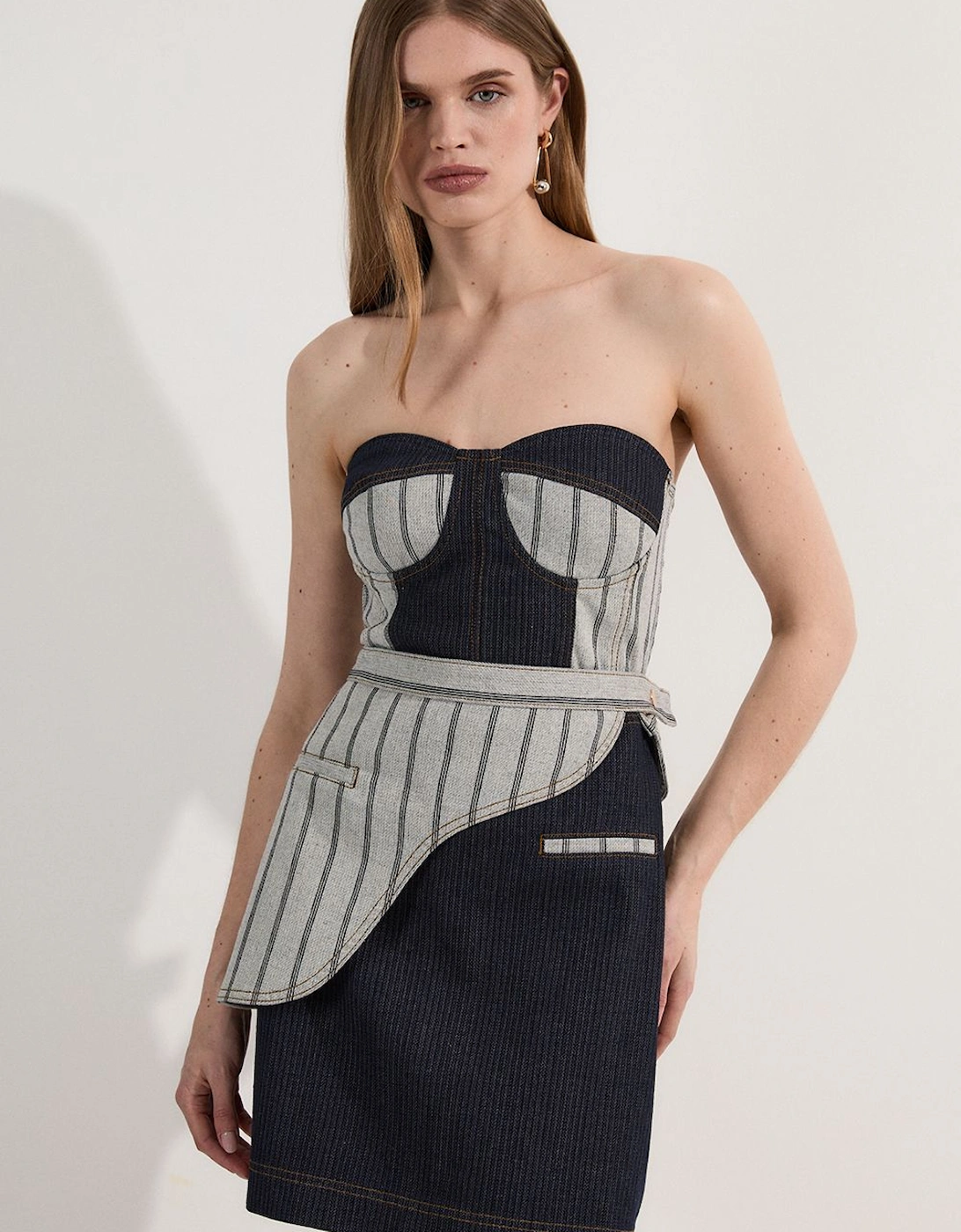 Stripe Denim Belt Detail Bandeau Midi Dress, 2 of 1