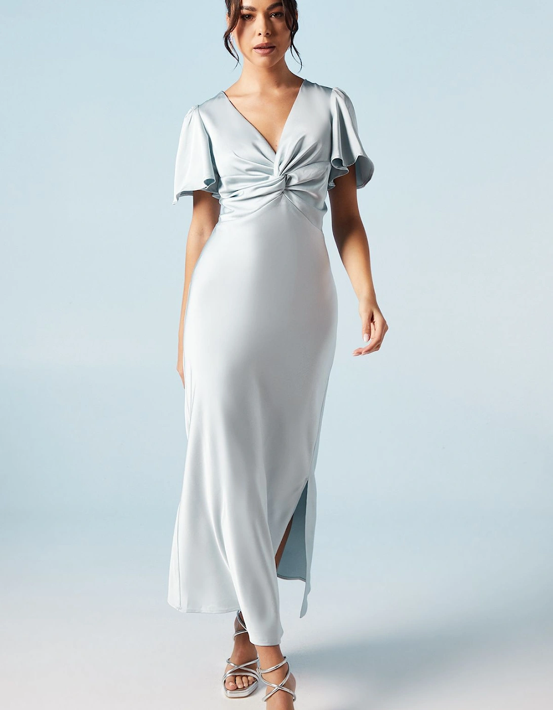 Satin Twist Front Angel Sleeve Midi Bridesmaid Dress, 2 of 1