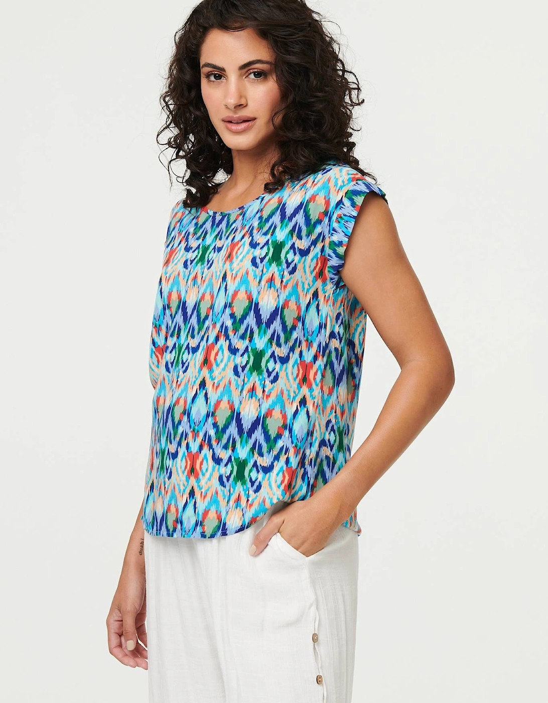 Printed Cap Sleeve Relaxed Blouse Top, 2 of 1