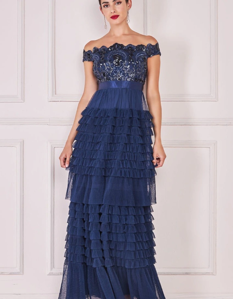 Scallop Bardot Ruffle Mesh Maxi