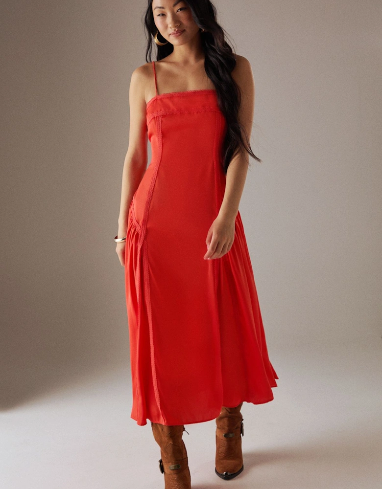 Petite Satin Lace Trim Detail Godet Strappy Midi Dress