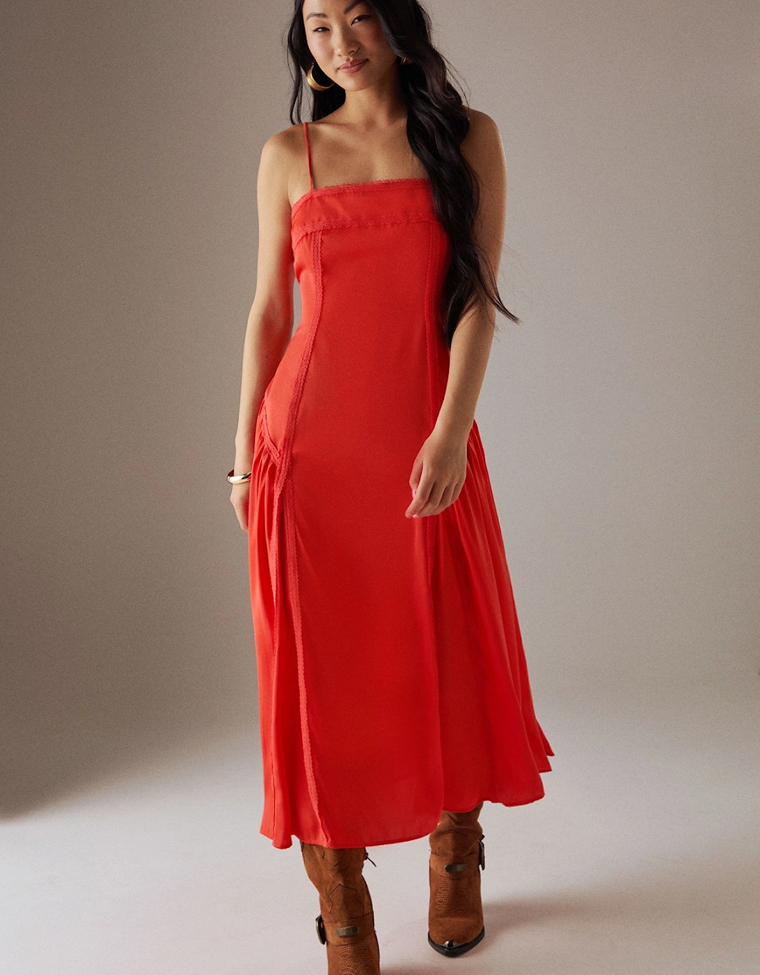Petite Satin Lace Trim Detail Godet Strappy Midi Dress, 2 of 1