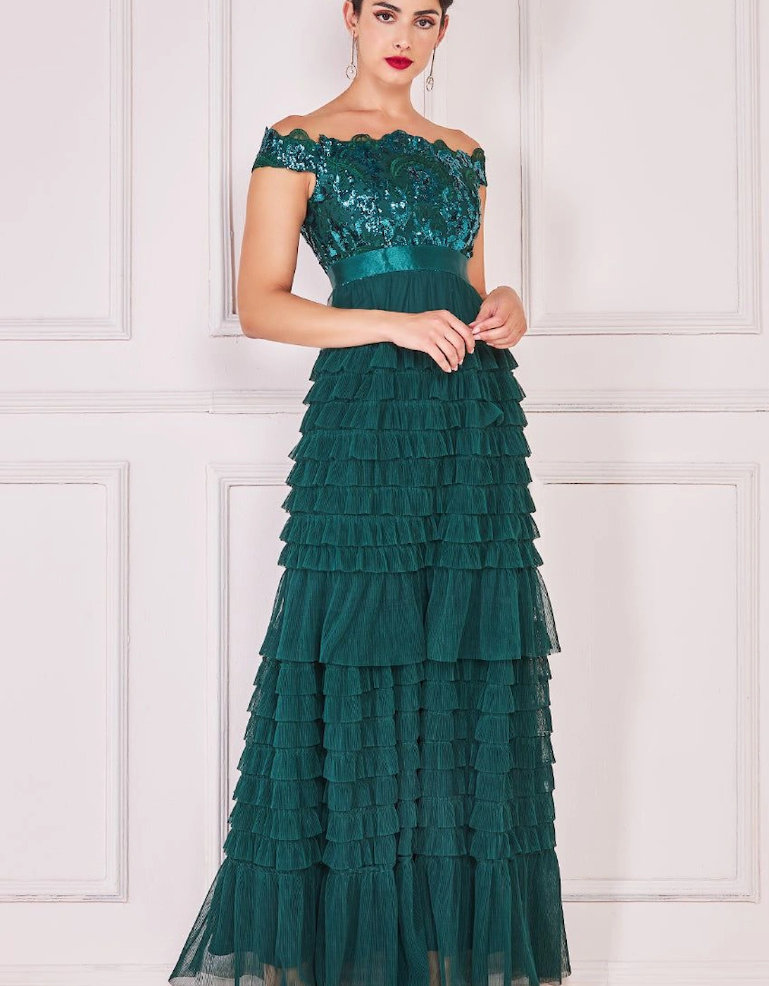 Scallop Bardot Ruffle Mesh Maxi, 2 of 1