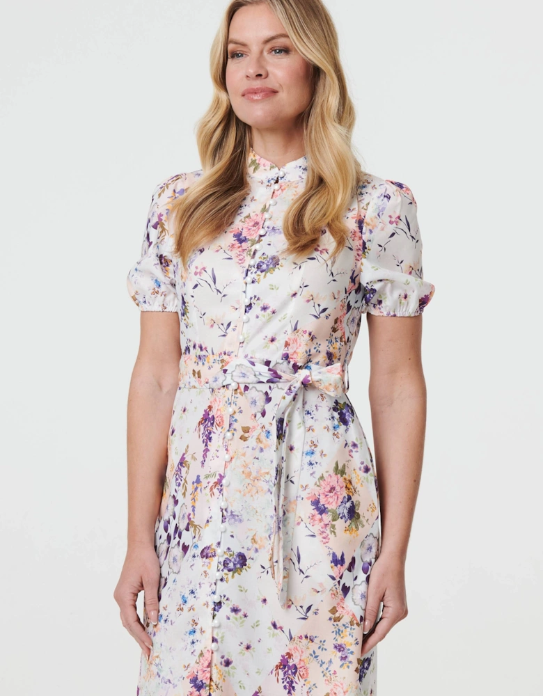 Floral High Neck Tie Waist Short Dress