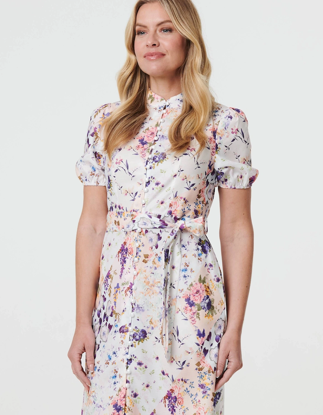 Floral High Neck Tie Waist Short Dress, 2 of 1