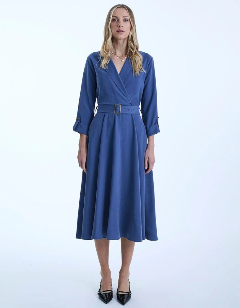 Belted Denim Suit Midi Dress