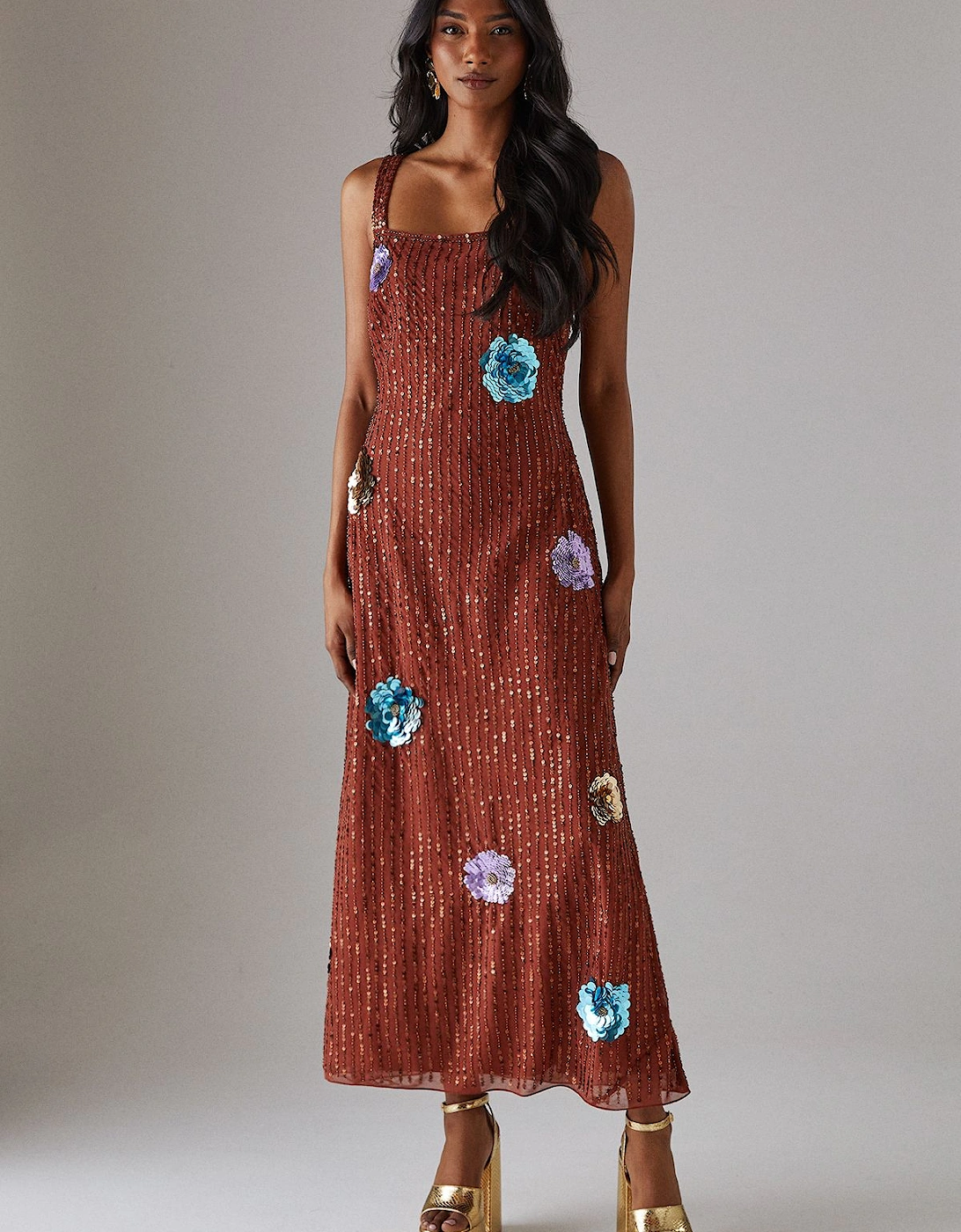 Hand Embellished Flower Burst Strappy Sequin Slip Midi Dress, 2 of 1