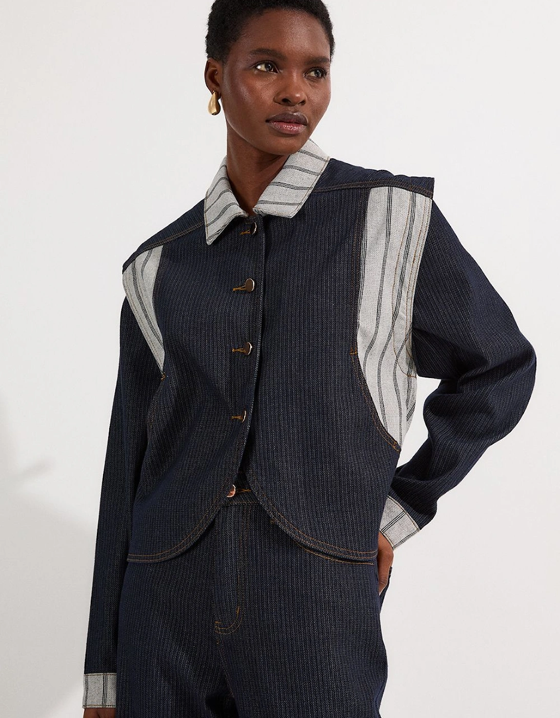 Stripe Denim Button Through Tailored Jacket, 2 of 1