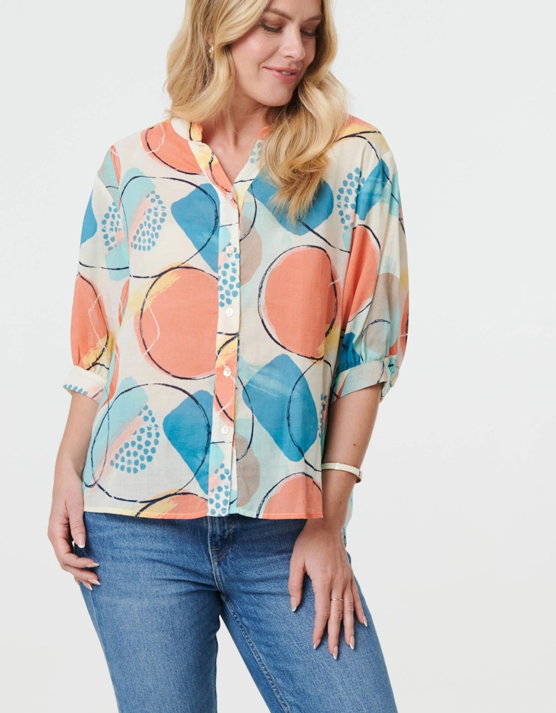 Printed 3/4 Sleeve Button-Back Blouse