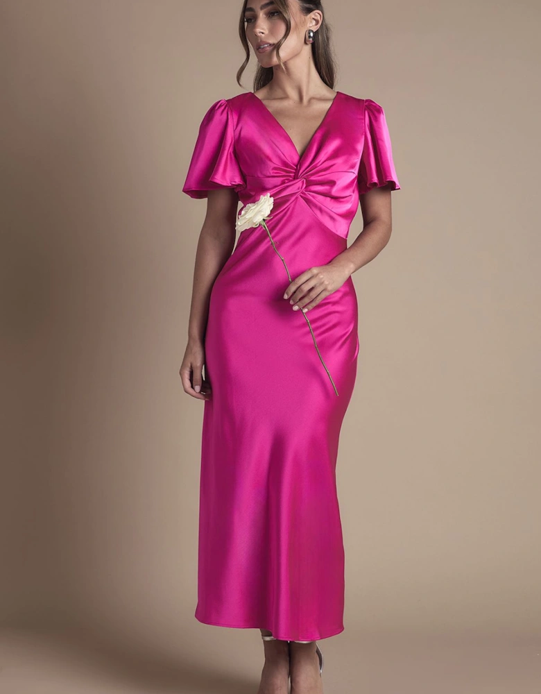 Satin Twist Front Angel Sleeve Midi Bridesmaid Dress