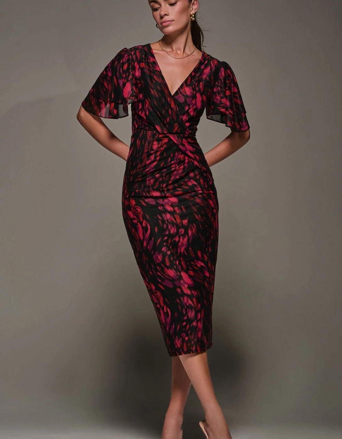 Print Mesh Angel Sleeve Bodycon Midi Dress, 2 of 1