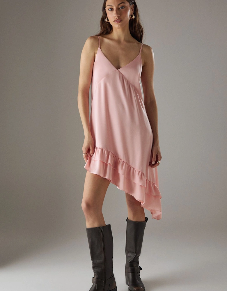 Satin Asymmetric Ruffle Mini Strappy Dress