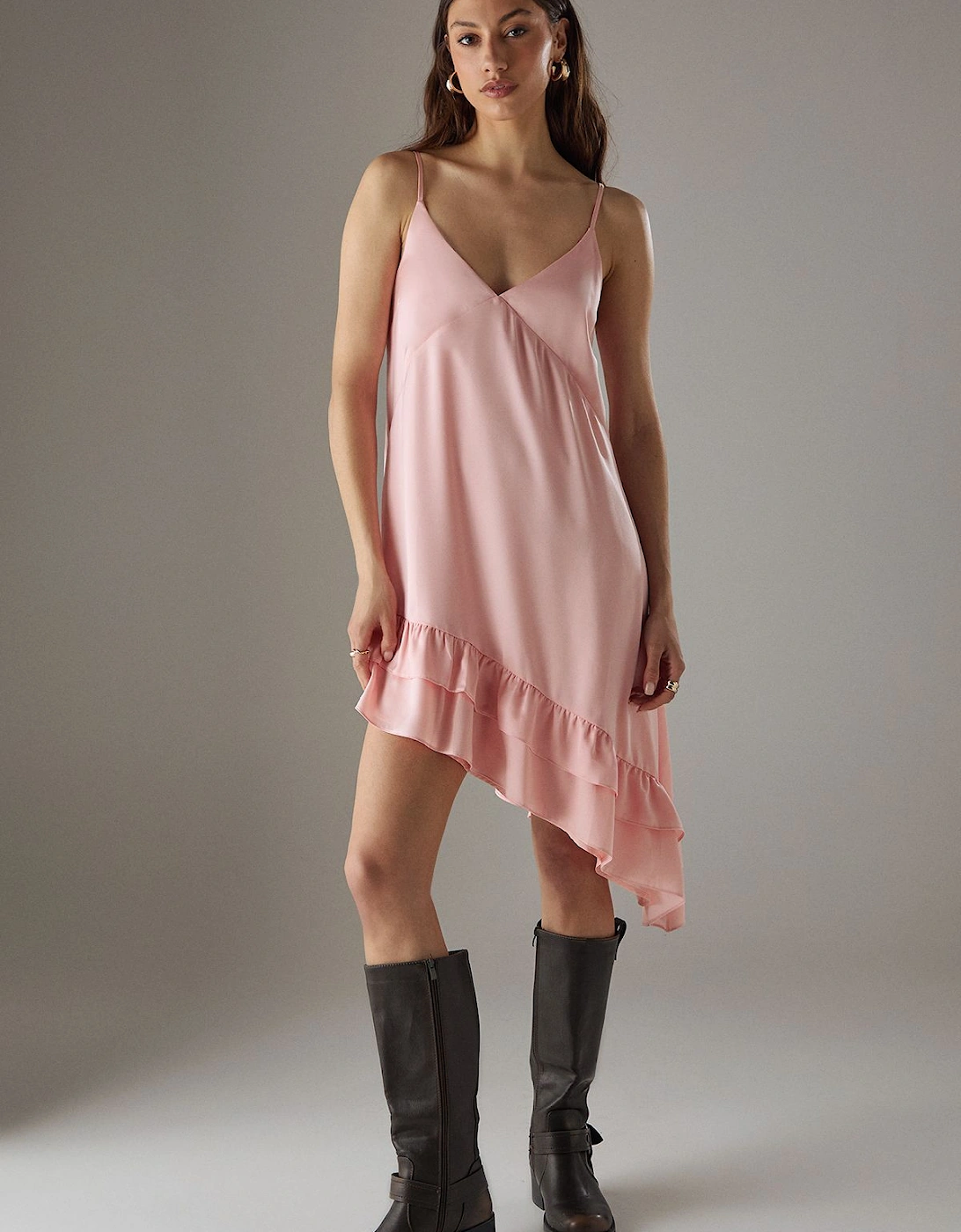 Satin Asymmetric Ruffle Mini Strappy Dress, 2 of 1