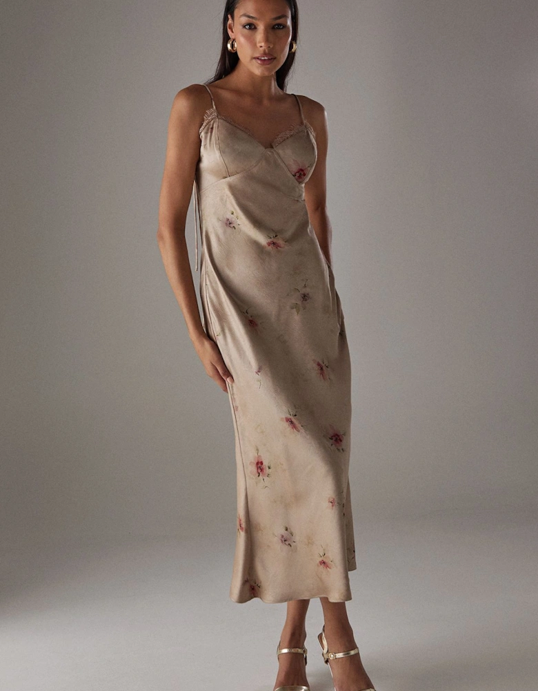 Rose Satin Tie Strap Lace Detail Midi Slip Dress