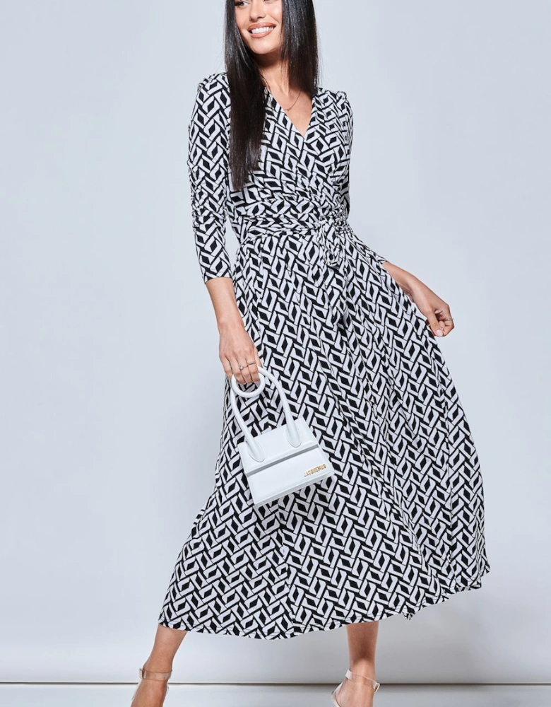 Geometric Print Long Sleeve Maxi Dress
