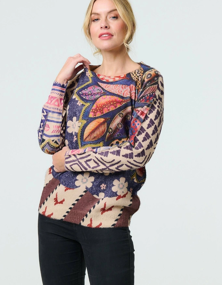 Leaf Print Drop Shoulder Jumper
