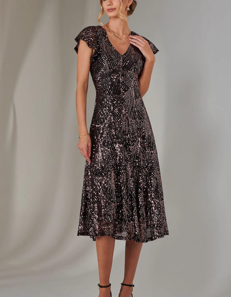 Sequin V Neck FIt & Flare Midaxi Dress