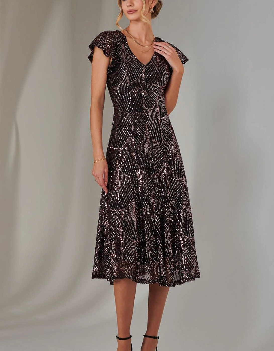 Sequin V Neck FIt & Flare Midaxi Dress, 2 of 1