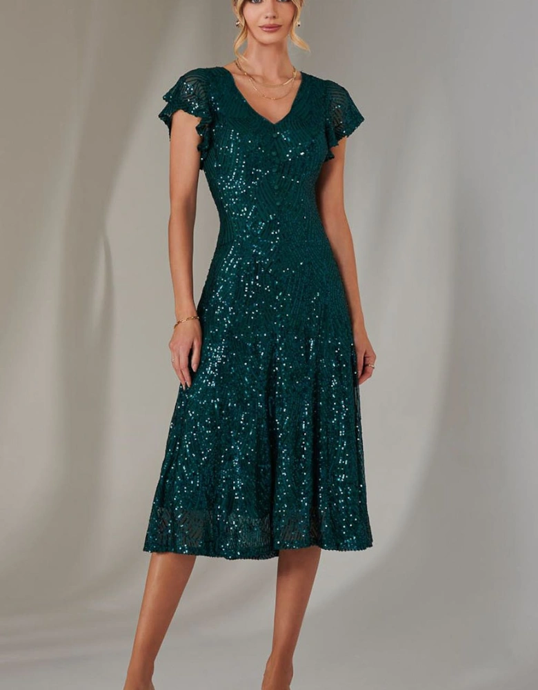 Sequin V Neck FIt & Flare Midaxi Dress