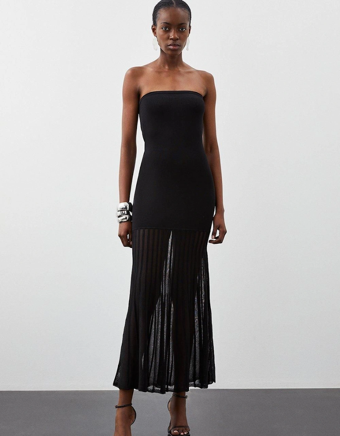 Viscose Blend Sheer Knit Bandeau Pleated Skirt Maxi Dress, 2 of 1