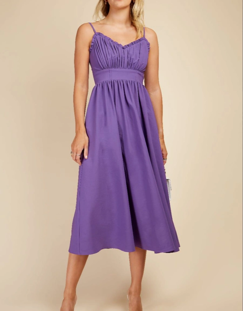 Purple Frill Neckline Midi Dress