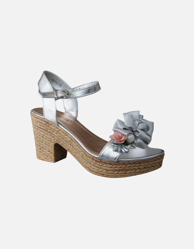 Floral and Pearl Espadrille Style Platform Wedge Party Sandals
