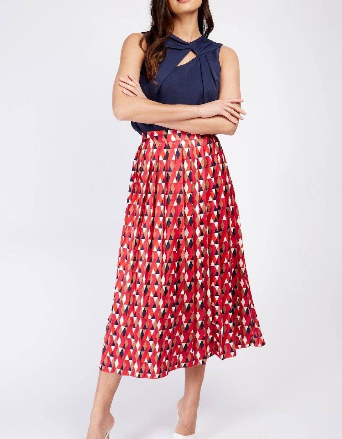Geo Print Satin Pleated Midi Skirt, 2 of 1