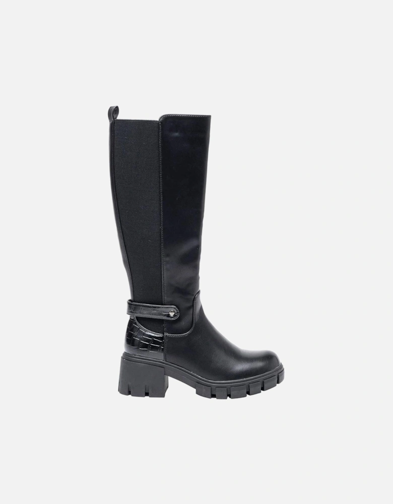 Buckle Croc-embossed Detail Zip Block Heel Tall Knee High Boots