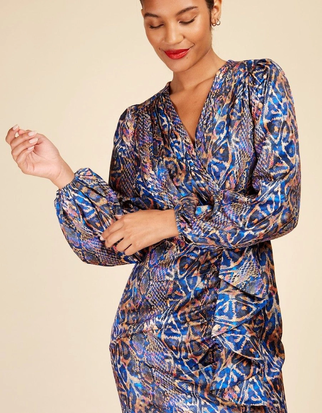 Snake Satin Draped Frill Mini Dress, 2 of 1