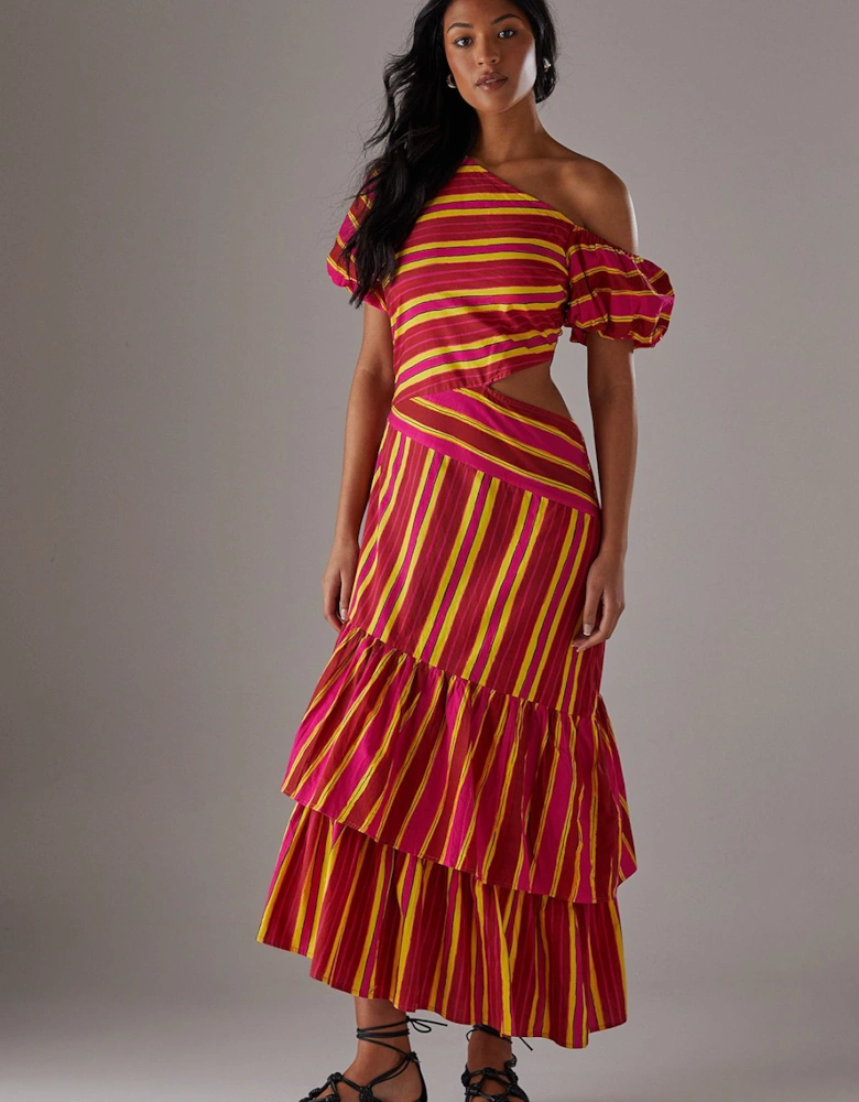 Mixed Print Poplin Fallen Shoulder Asymmetric Midi Dress