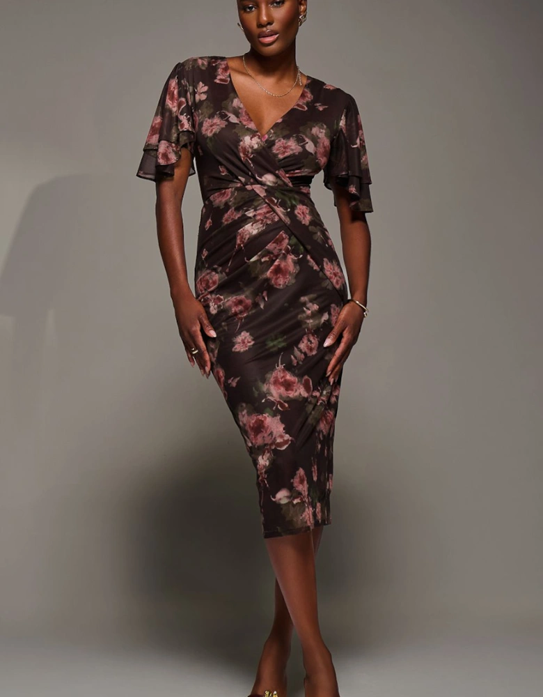 Print Mesh Angel Sleeve Bodycon Midi Dress