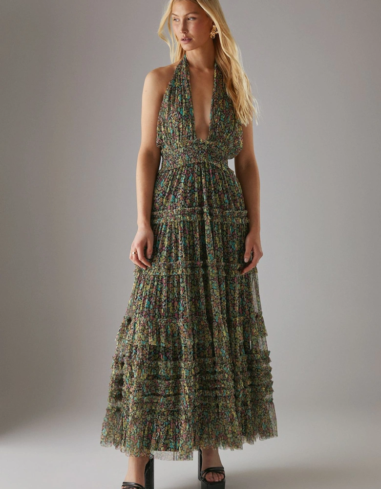 Tulle Halter Shirred Waist Tier Maxi Dress