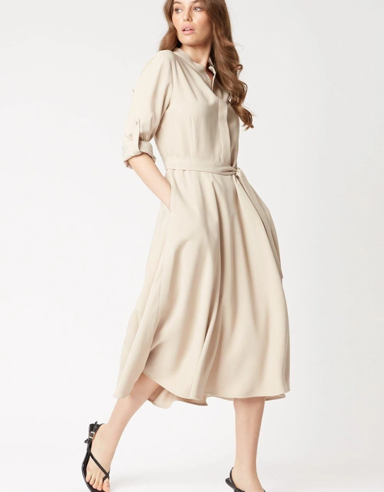 Roll Sleeve Midi Dress Beige