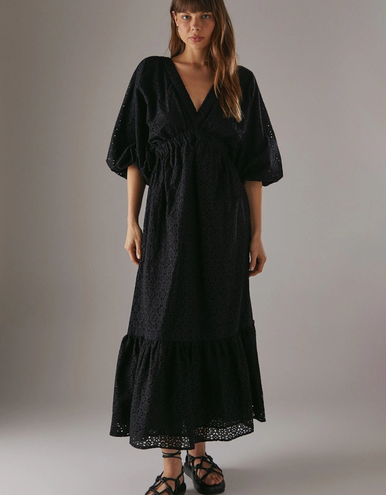 Broderie Plunge Neck Volume Sleeve Smock Midi Dress