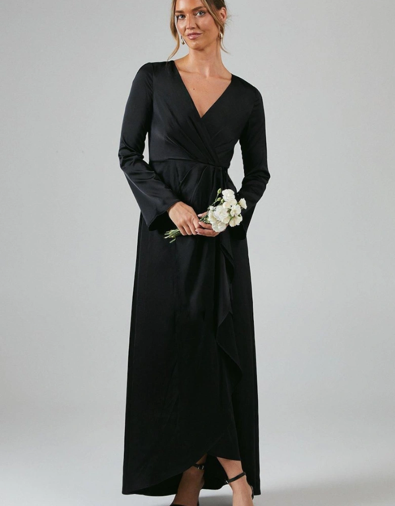 by Coast Long Sleeve Waterfall Detail Satin Bridesmaid Dress
