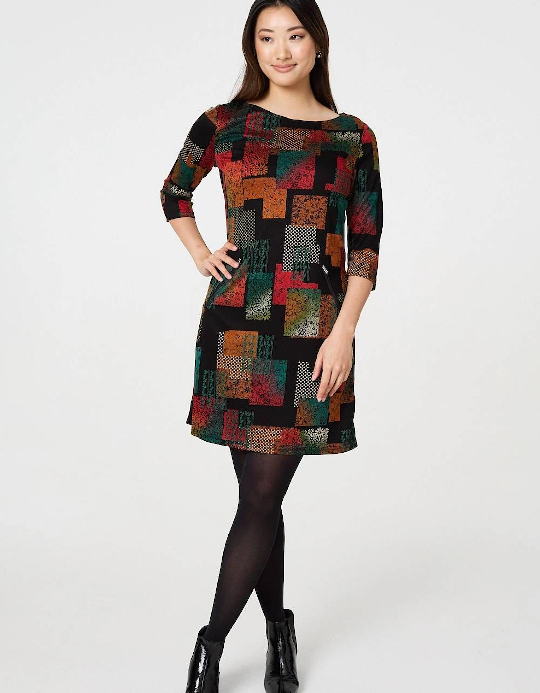 Square Print Boat Neck Short Shift Dress, 2 of 1