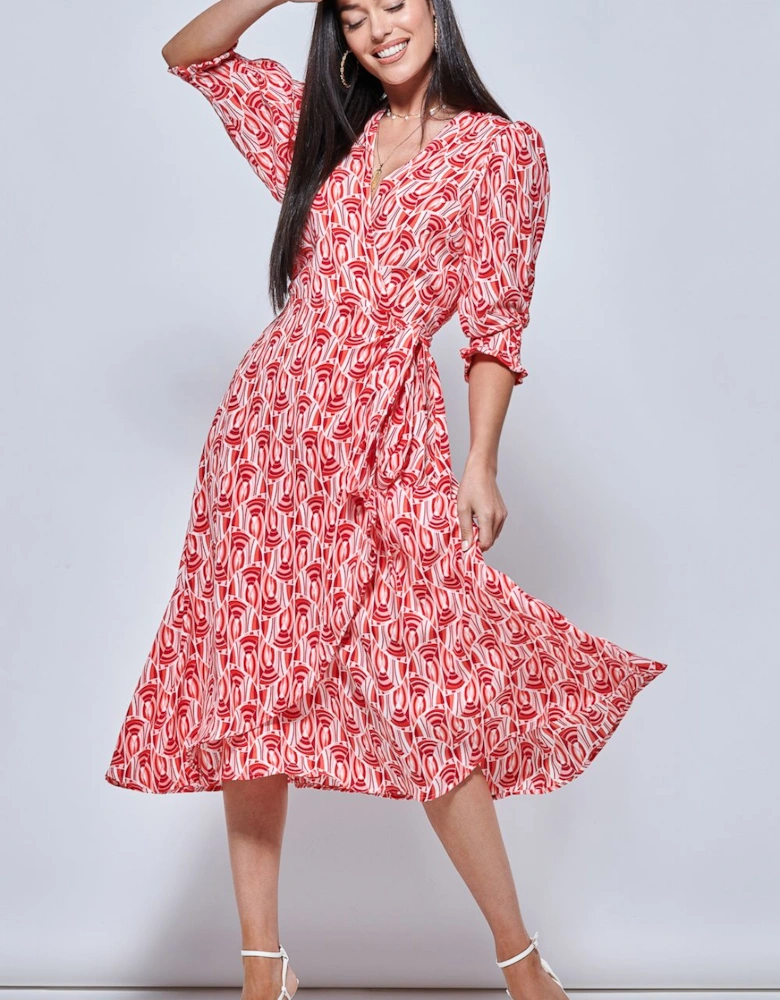 Ellie Crepe Wrap Puff Sleeve Midi Dress