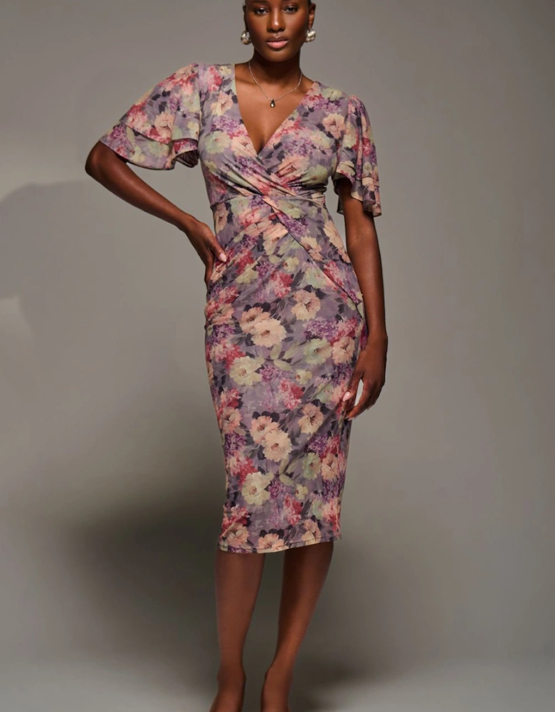 Print Mesh Angel Sleeve Bodycon Midi Dress