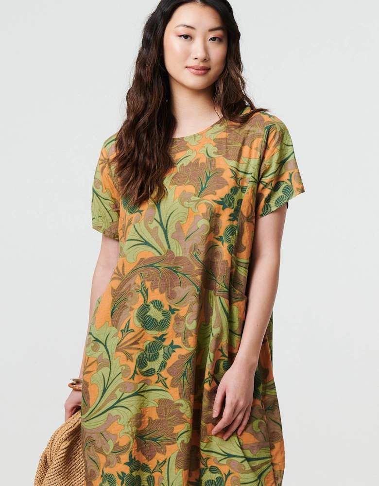 Leaf Print Short Sleeve Shift Short Dress