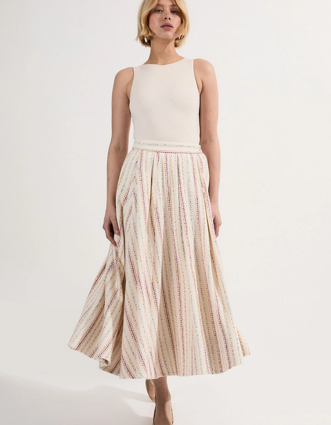Premium Woven Stripe Tailored Pleated Midi Skirt, 2 of 1