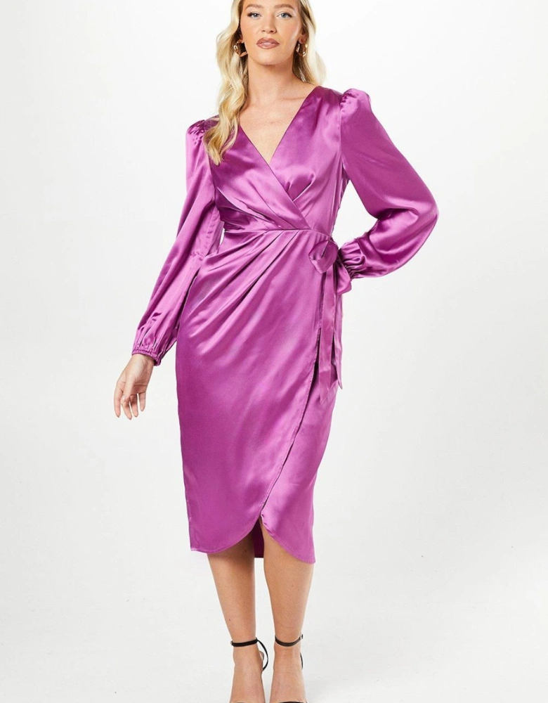 By Coast Satin Long Sleeve Wrap Midi Dress