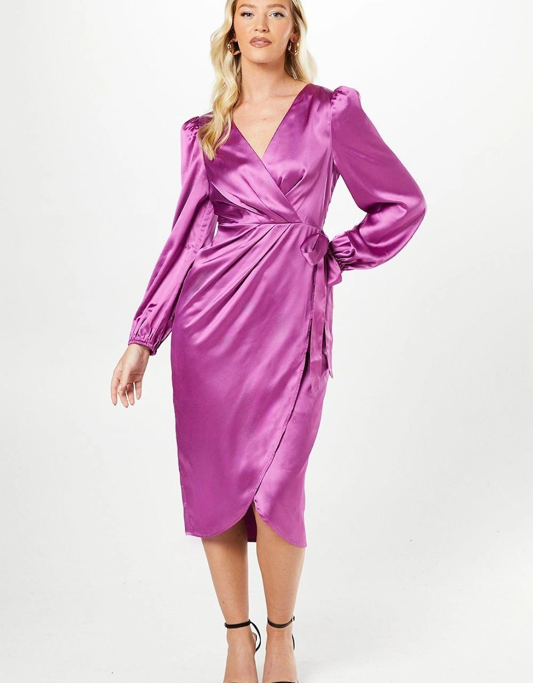 By Coast Satin Long Sleeve Wrap Midi Dress, 2 of 1