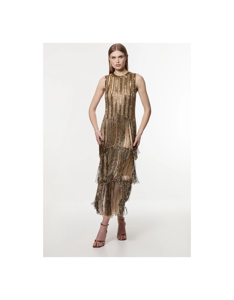 Petite Premium Embellished And Beaded Layered Fringing Woven Midi Dress