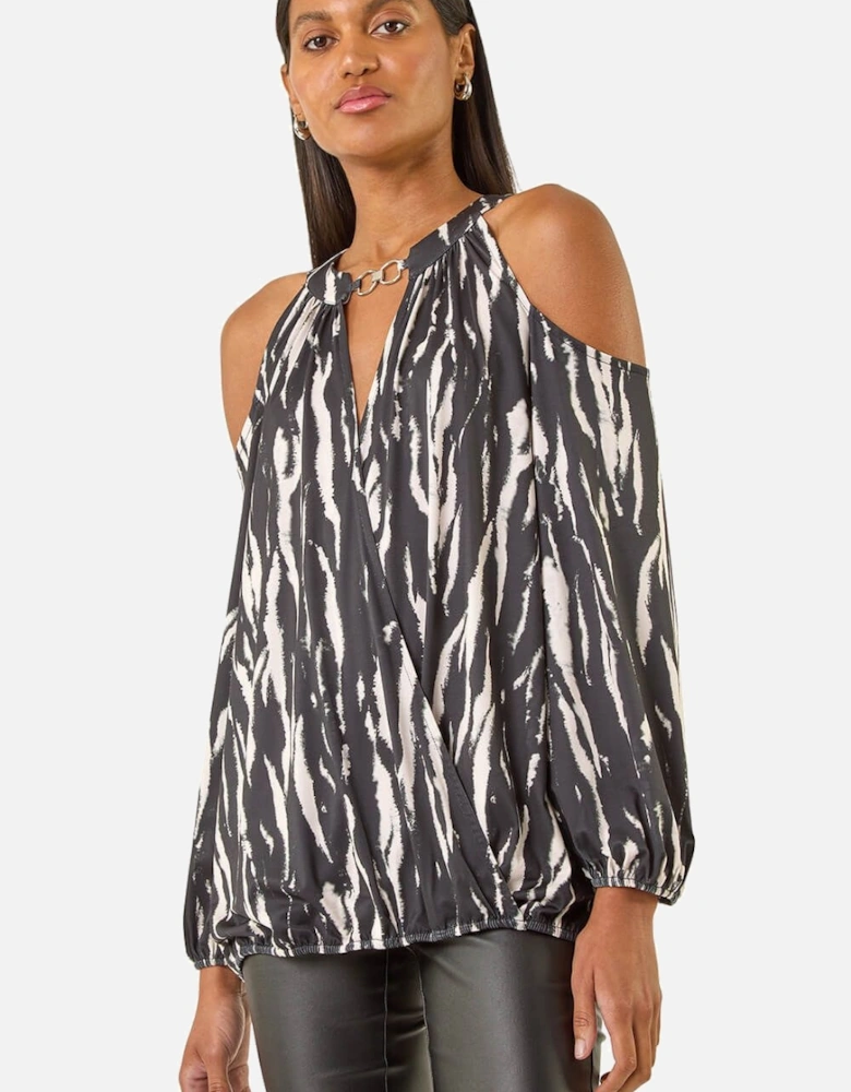 Abstract Print Cold Shoulder Stretch Top