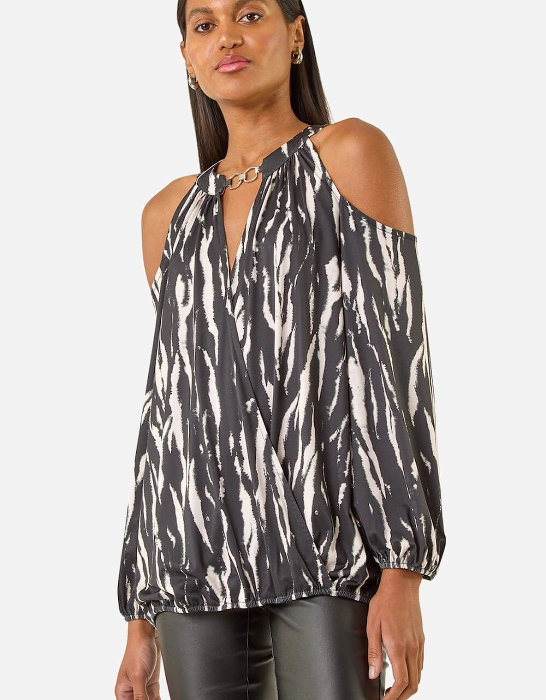 Abstract Print Cold Shoulder Stretch Top, 2 of 1