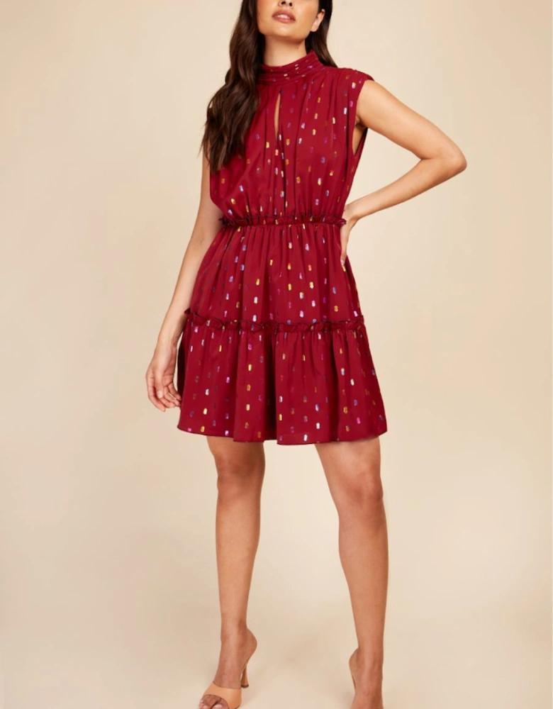 Berry Rainbow Foil Tiered Mini Dress