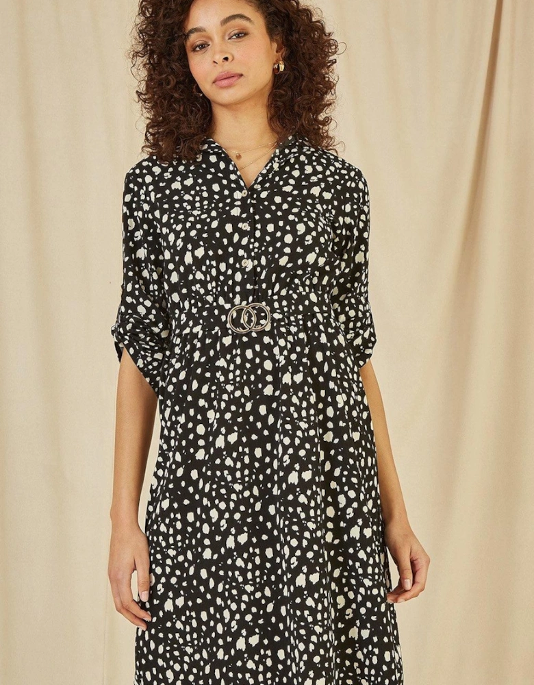 Black Dash Print Skater Dress With Buckle